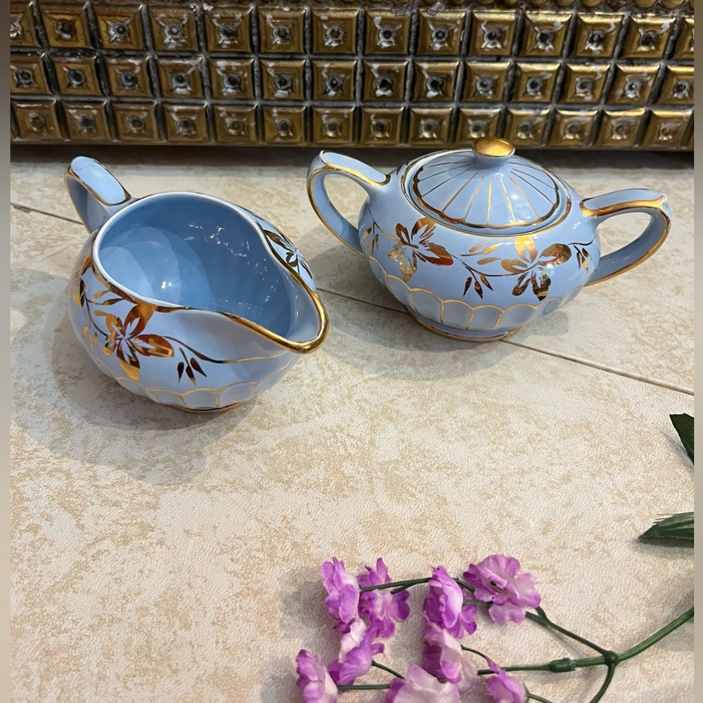 VTG Sadler Robins Egg Blue & Gold Staffordshire England Creamer & Sugar w Lid